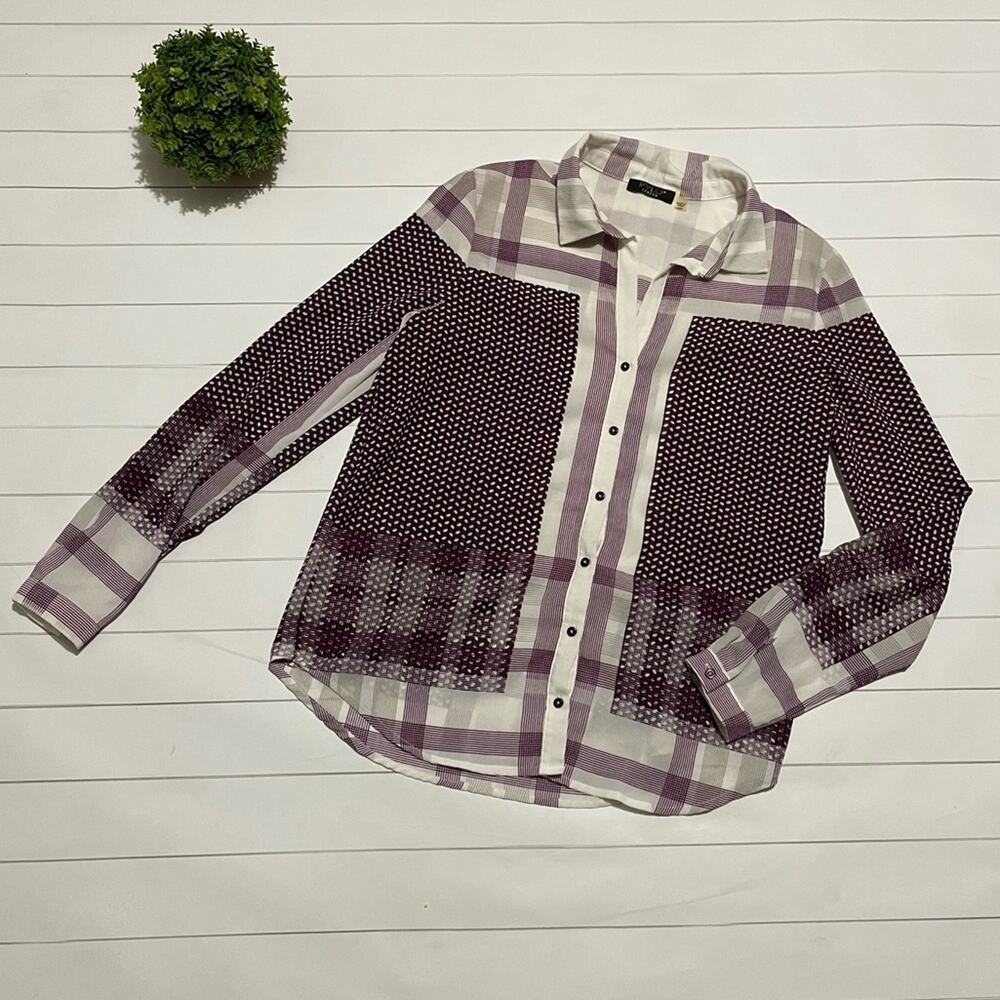 FYLO London Maroon White Plaid Chiffon Sheer Button Front Top Blouse Small